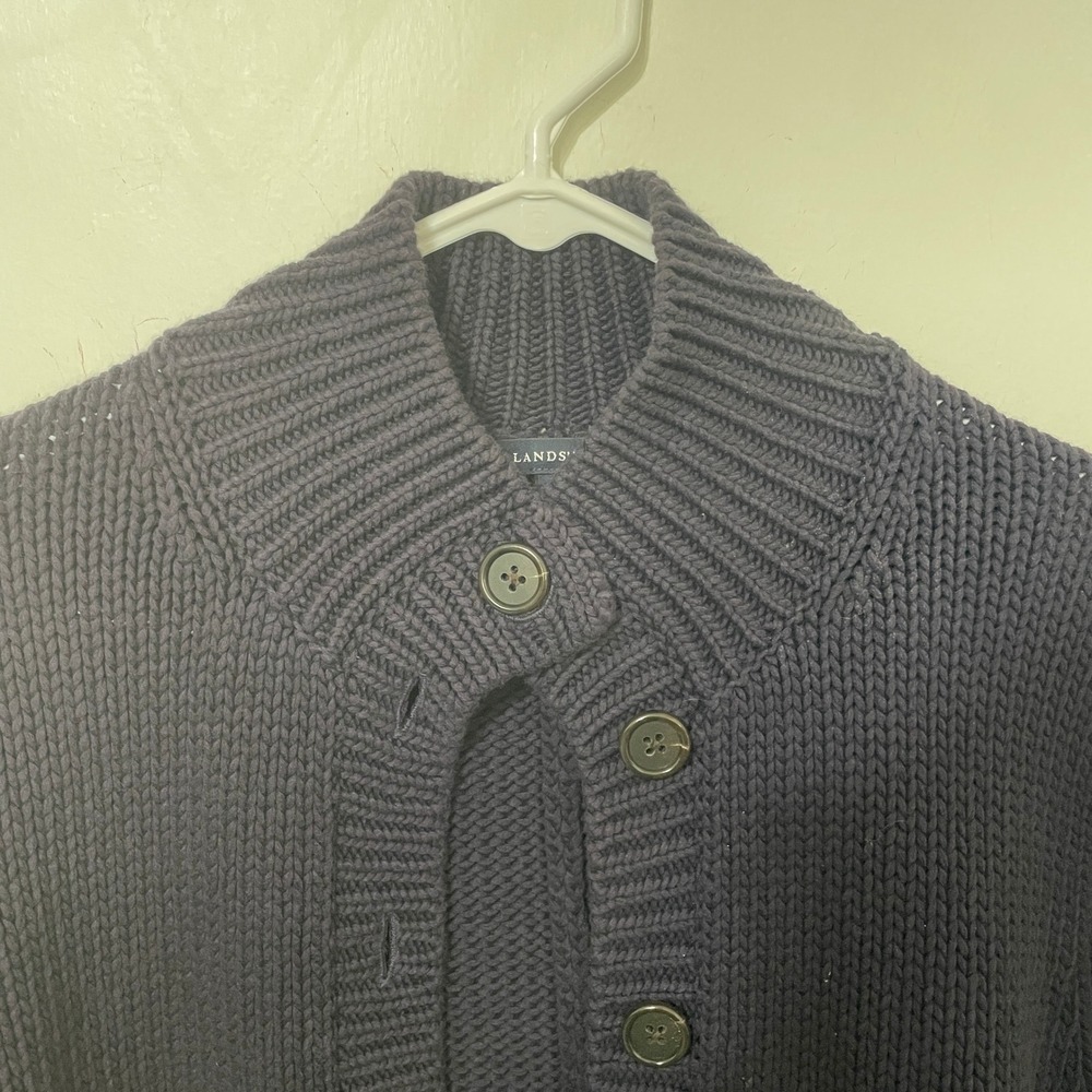 Lands End Navy Blue Chunky Knit Mock Neck Button Front Cardigan Sweater Womens S - Picture 5 of 7
